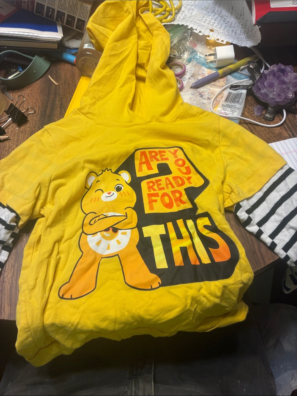 PatPat Yellow Hooded Kids Sweatshirt with Bear Graphic and Layered Stripes